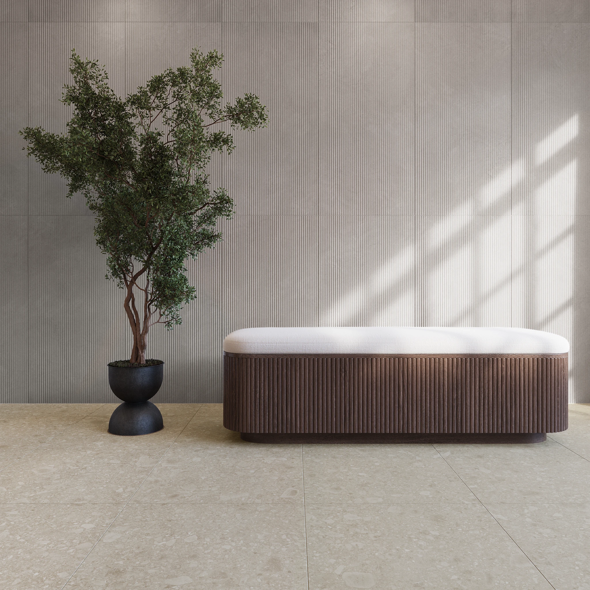 Lithos Tortora 24x48 Fluted Porcelain Tile Indoor Flooring visualization by Ceragres