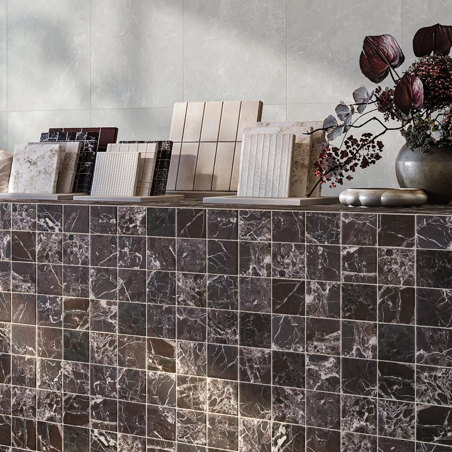 Rosso Levanto Tumbled 4x4 Mesh Mounted Marble Tile Interior Wall Cladding visualization by Arta Ceramic