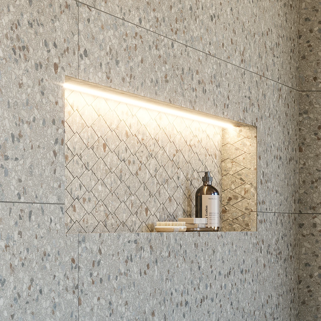 Terrazzo Allure™ Stonehenge Diamond Matte Porcelain Tile Flooring visualization by MILE®stone