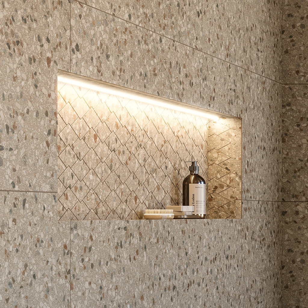 Terrazzo Allure™ Tortoise Diamond Matte Porcelain Tile Flooring visualization by MILE®stone